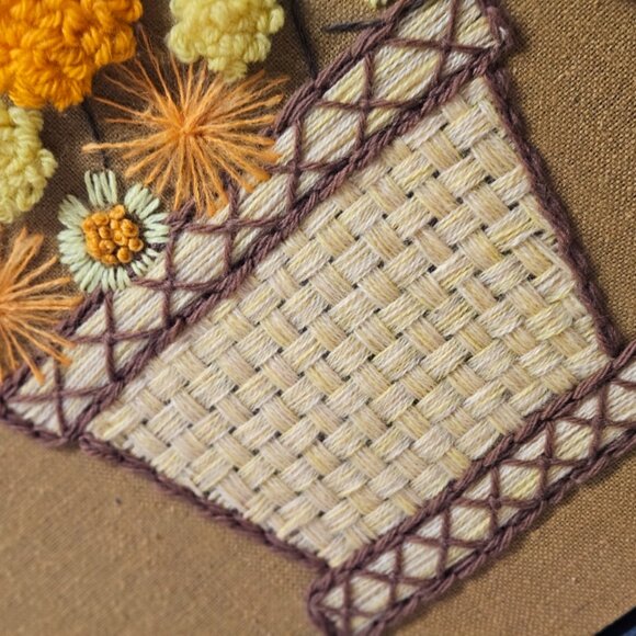 Vintage 60s/70s Crewel Handmade Fall Floral Basket with Cattails Framed MCM Art - Picture 6 of 11